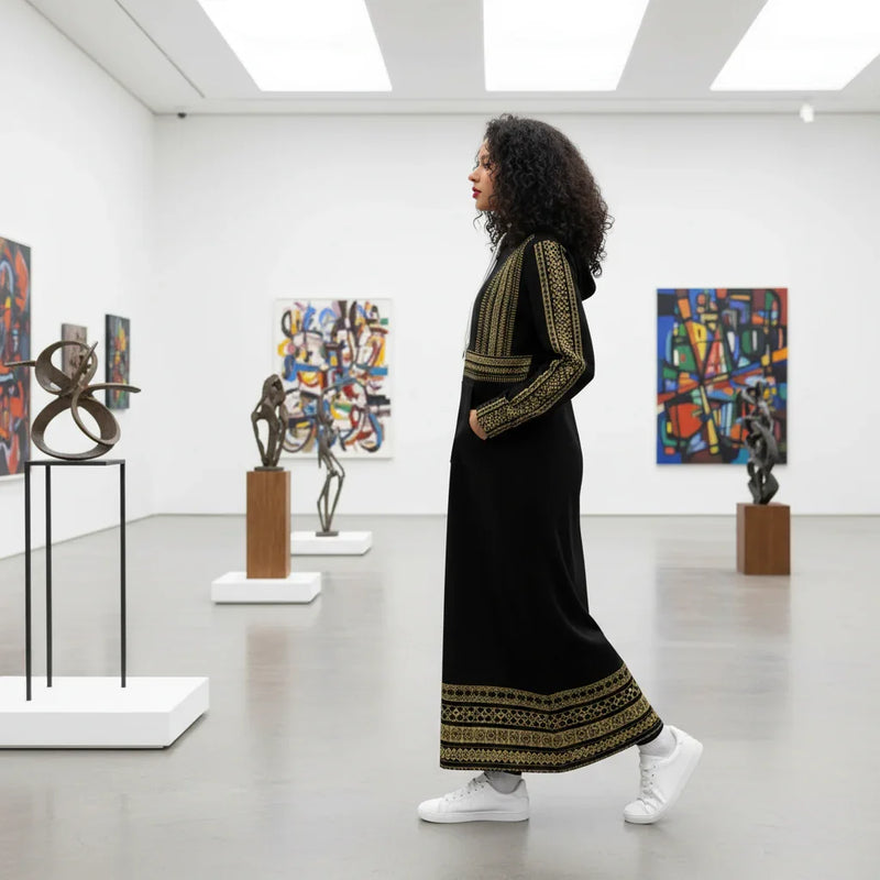 Woman in black and gold dress with white sneakers in modern art gallery with abstract paintings and sculptures, Ivorynn fashion.
