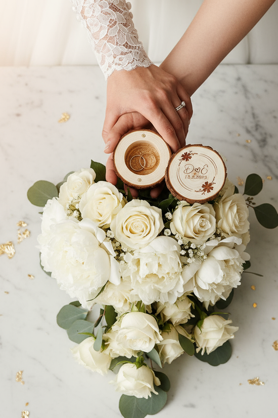 Couple's hands with ring box and bouquet