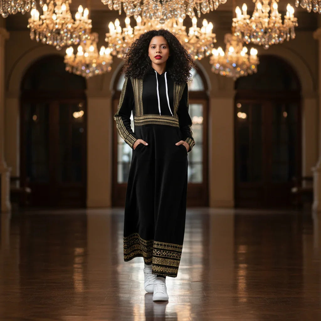 Woman in a black and gold long dress with hood, walking under crystal chandeliers in a grand hall