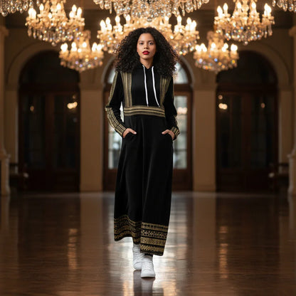 Woman in a black and gold long dress with hood, walking under crystal chandeliers in a grand hall