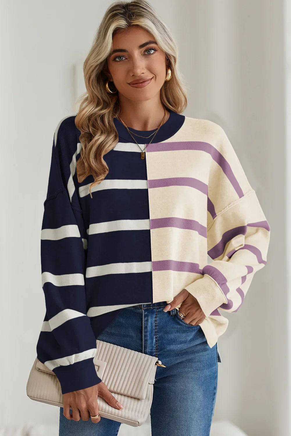 Striped Patchwork Drop Shoulder Blue Sweater