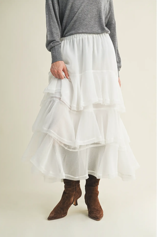 Pull On Ruffle Tiered White Skirt