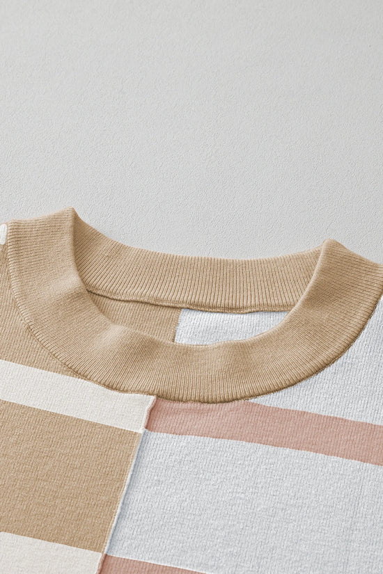 Striped Patchwork Drop Shoulder Khaki Sweater