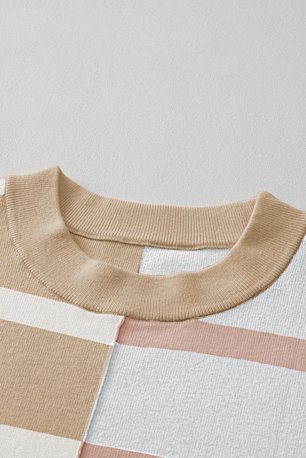 Striped Patchwork Drop Shoulder Khaki Sweater