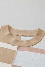 Striped Patchwork Drop Shoulder Khaki Sweater