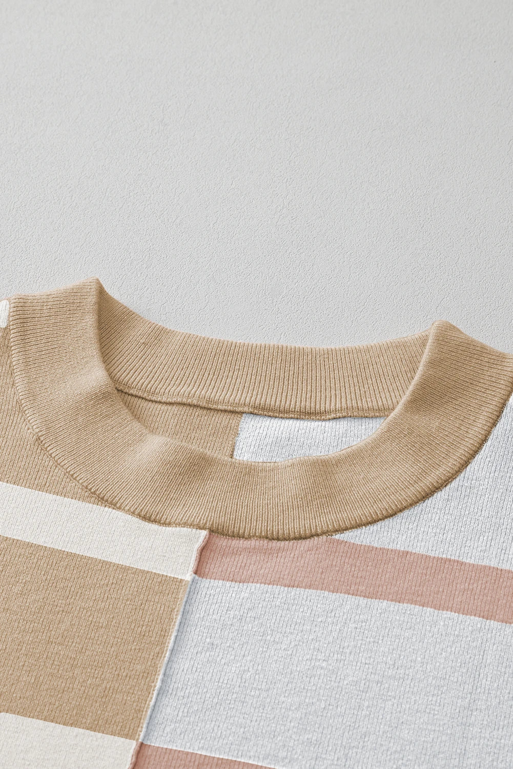 Striped Patchwork Drop Shoulder Khaki Sweater