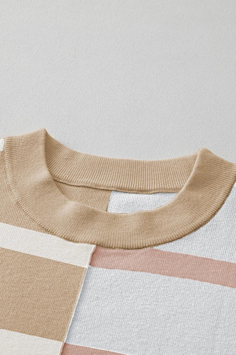 Striped Patchwork Drop Shoulder Khaki Sweater