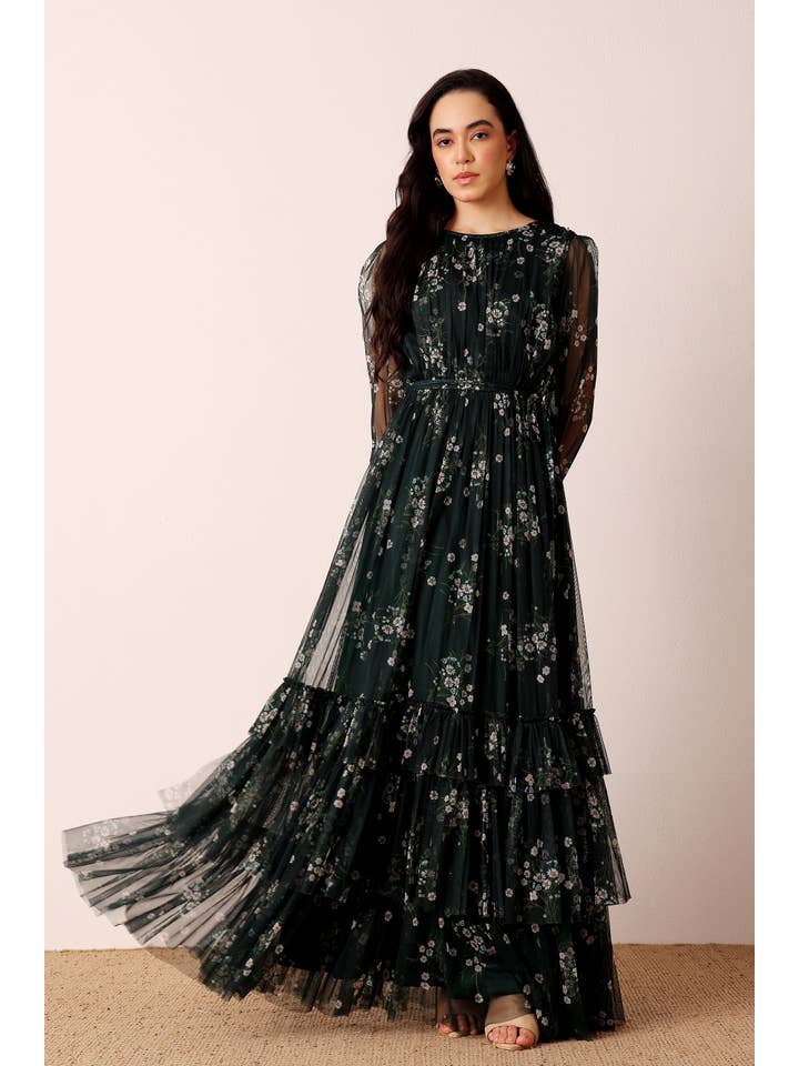 Elegant Emerald Floral Long Sleeve Maxi Dress | Pleated Tulle Gown for Special Occasions