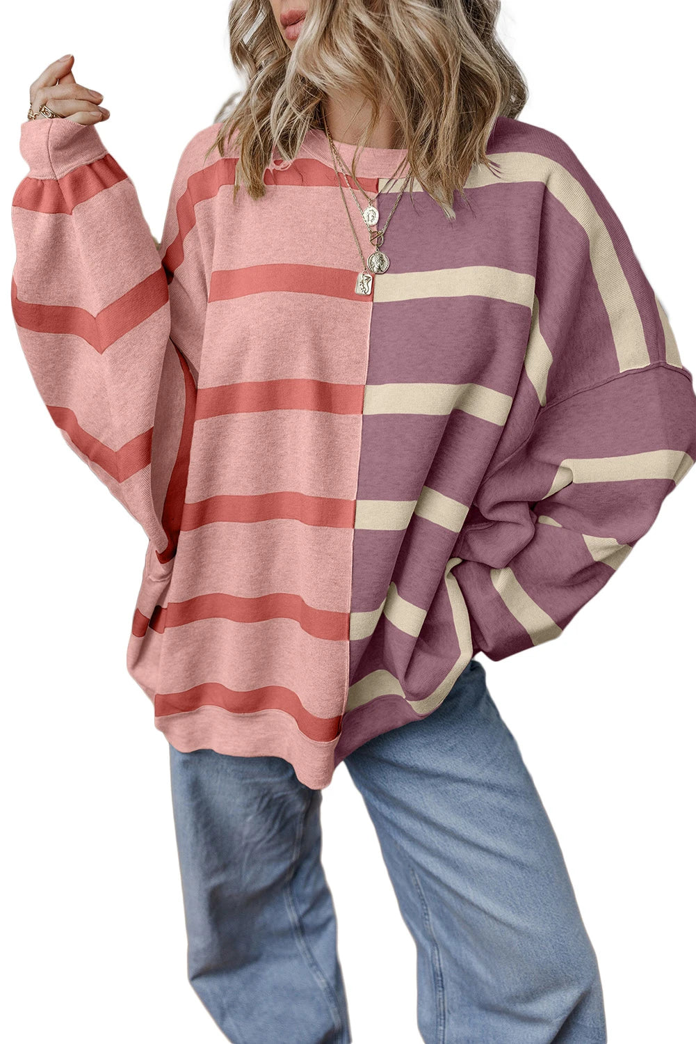Striped Patchwork Drop Shoulder Pink Sweater