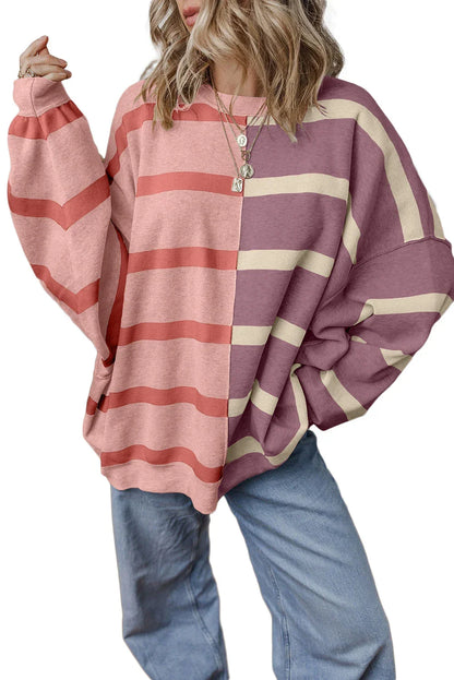 Striped Patchwork Drop Shoulder Pink Sweater