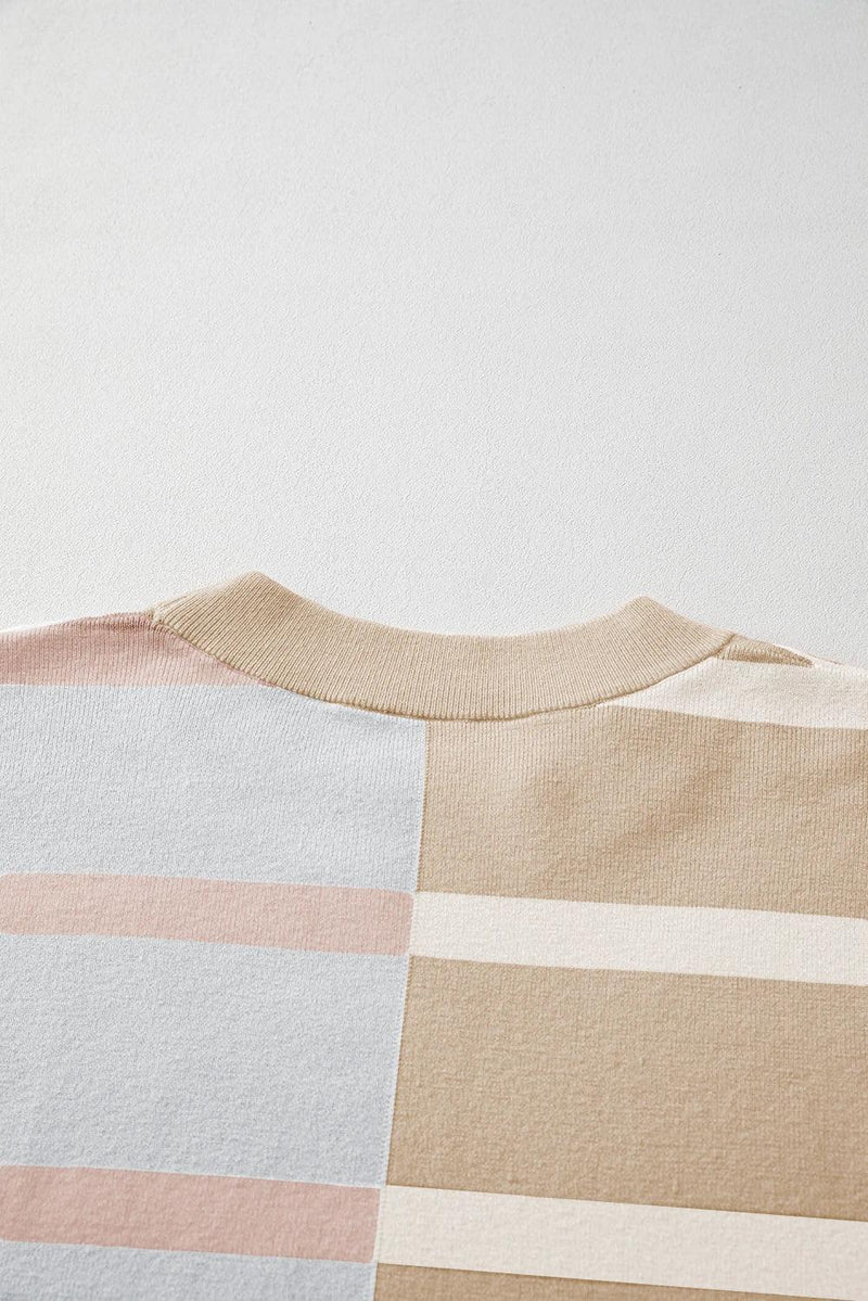 Striped Patchwork Drop Shoulder Khaki Sweater