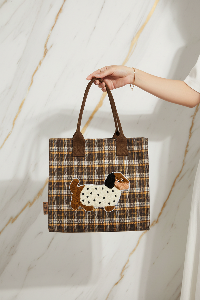 Dark Brown Plaid Dog Bag - Marble Background