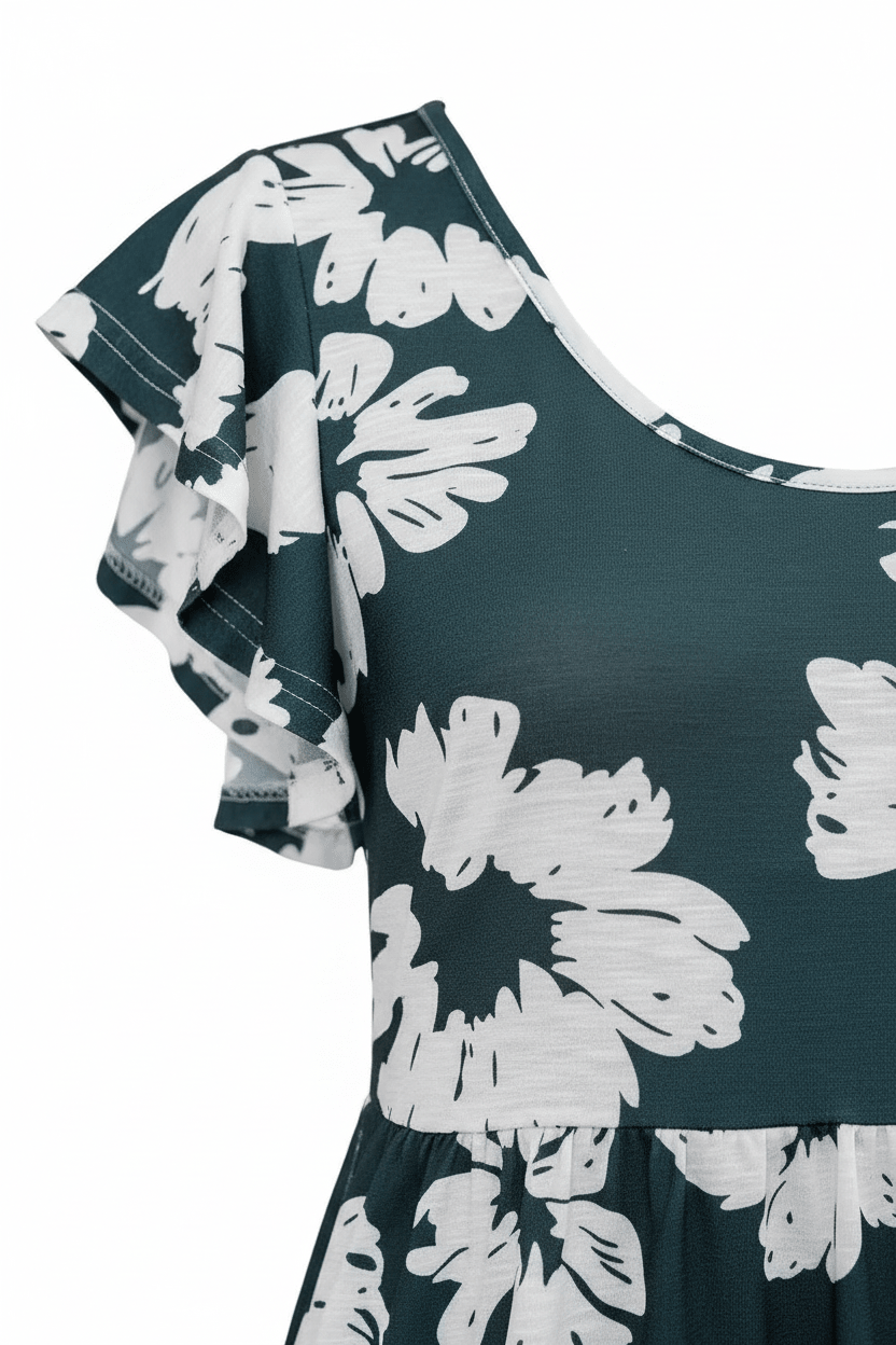 Dark Green Dress - Flutter Sleeve Detail