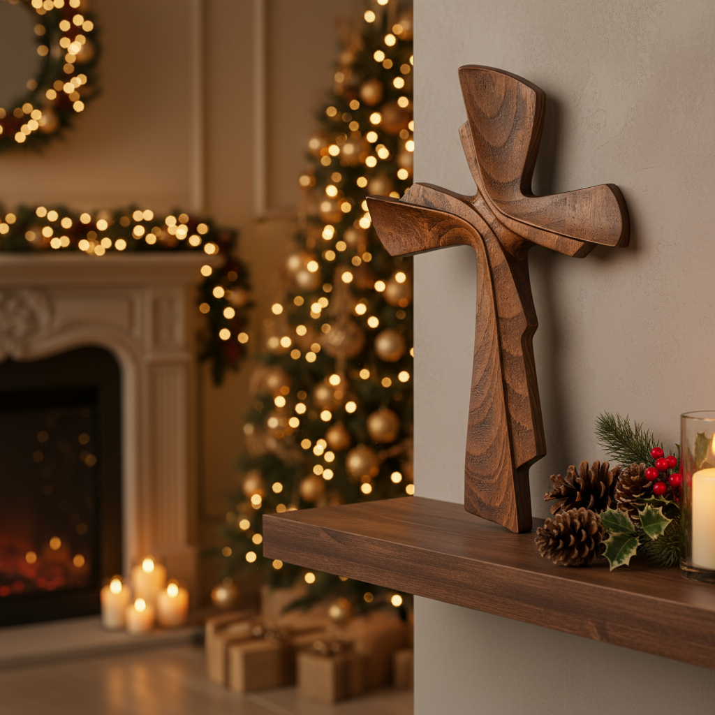 Dark walnut shelf with golden Christmas tree