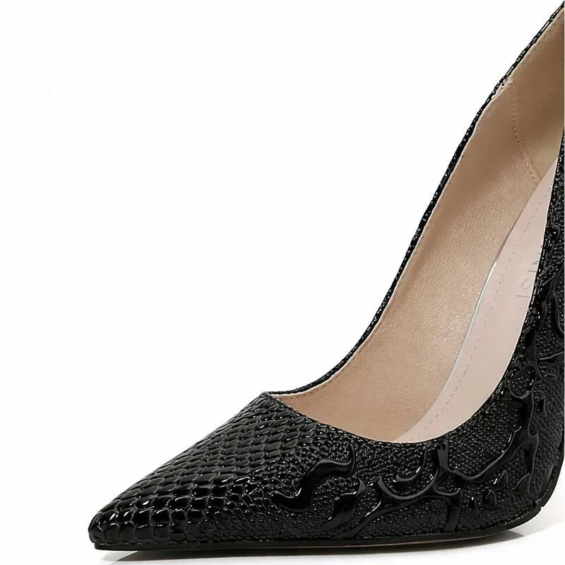 Embossed Snake Ultra High Heels Black Pumps