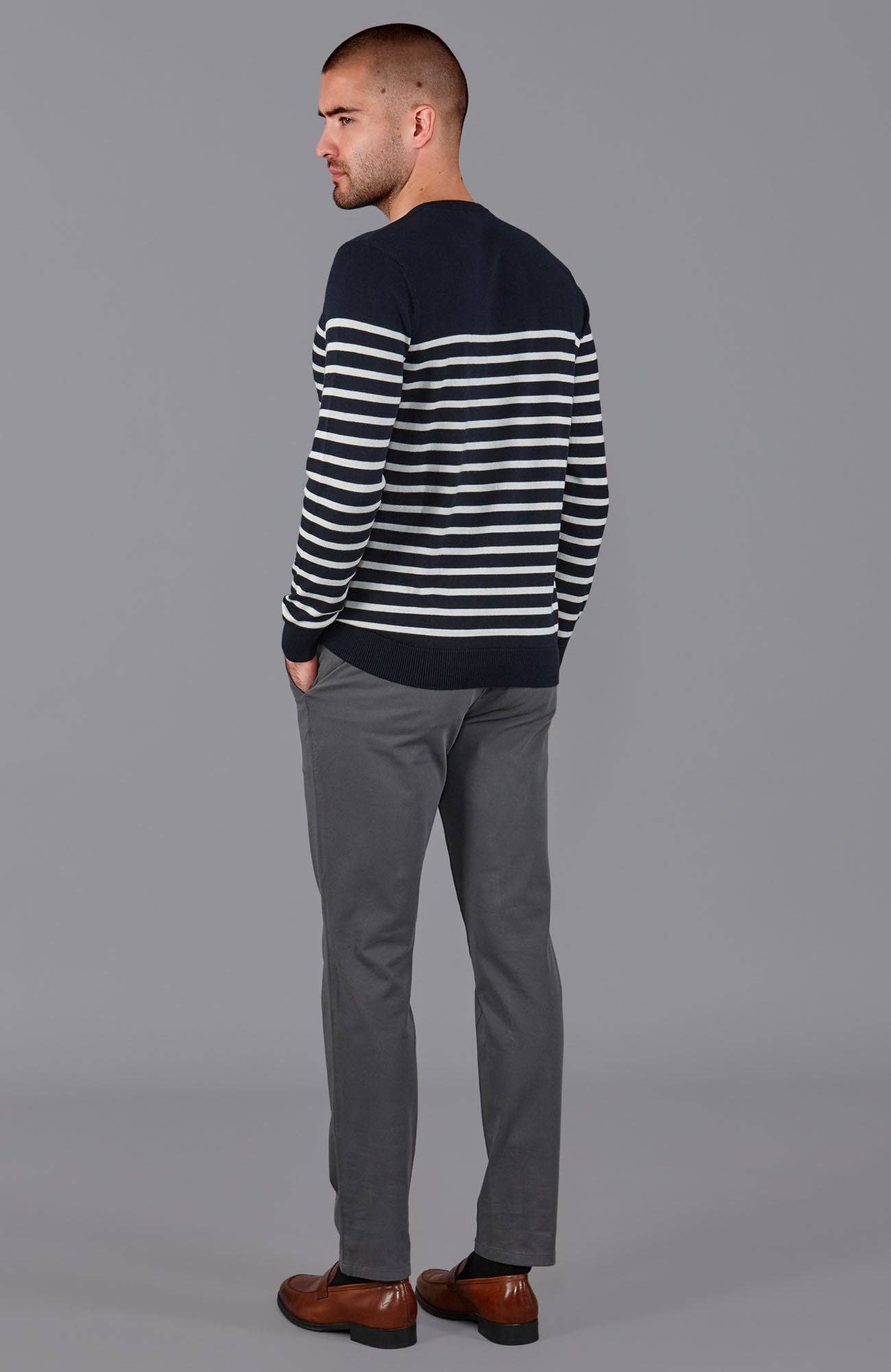 Men's Lightweight Cotton Striped Breton Sweater - Classic Crew Neck Knitwear