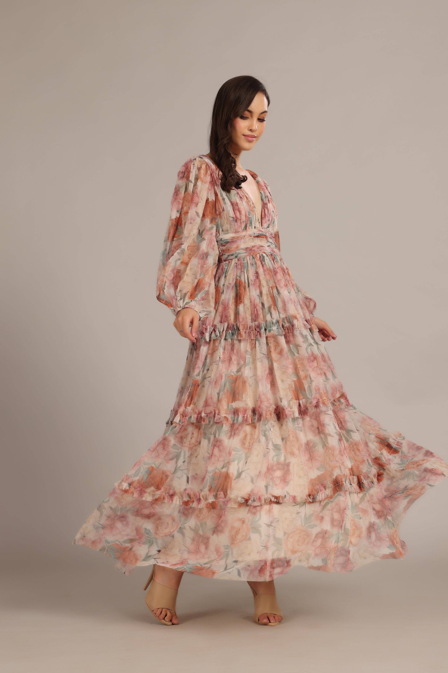 Chic Light Brown Floral Maxi Dress - Women's V-Neck Cinched Waist