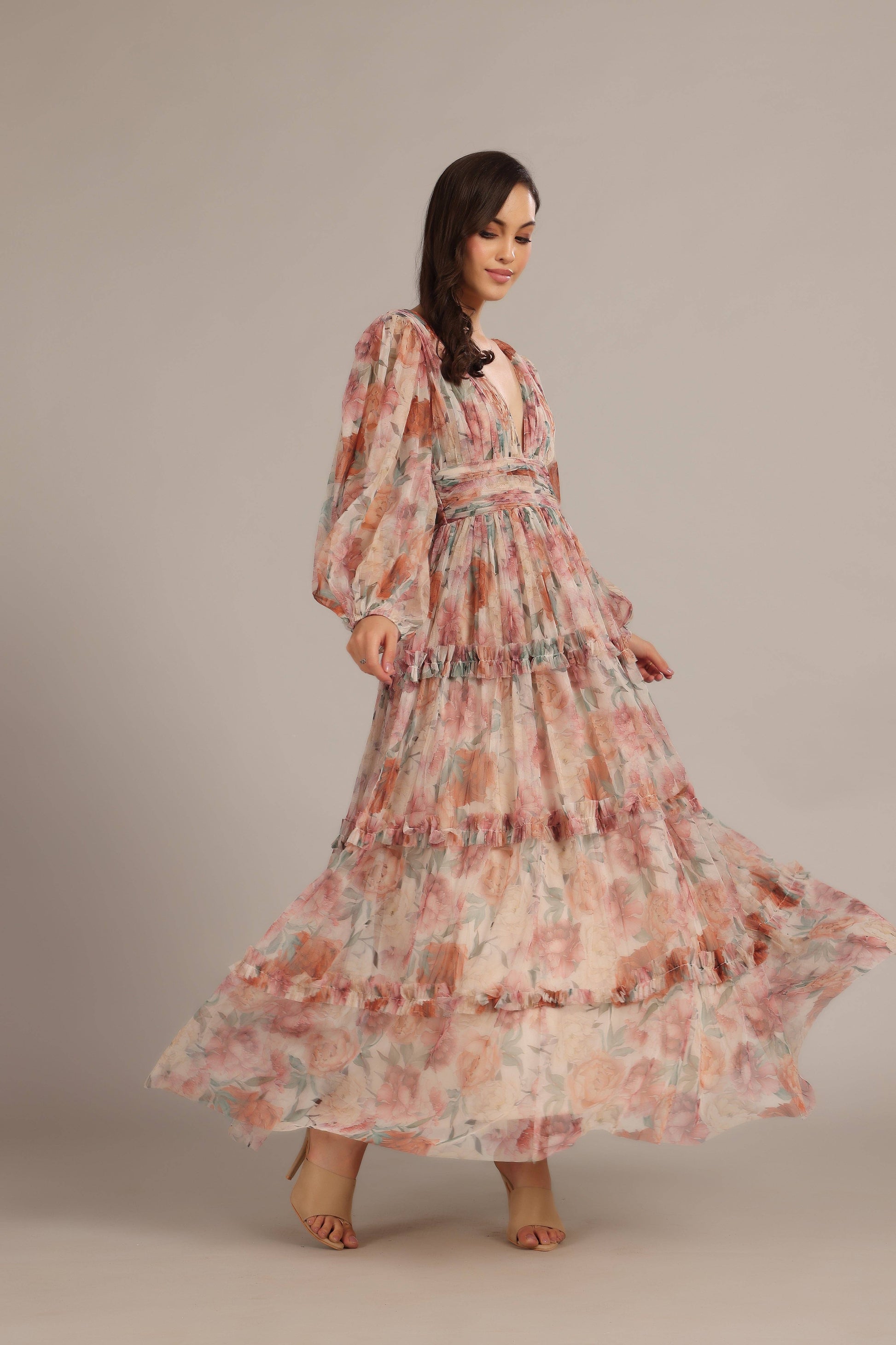 Chic Light Brown Floral Maxi Dress - Women's V-Neck Cinched Waist
