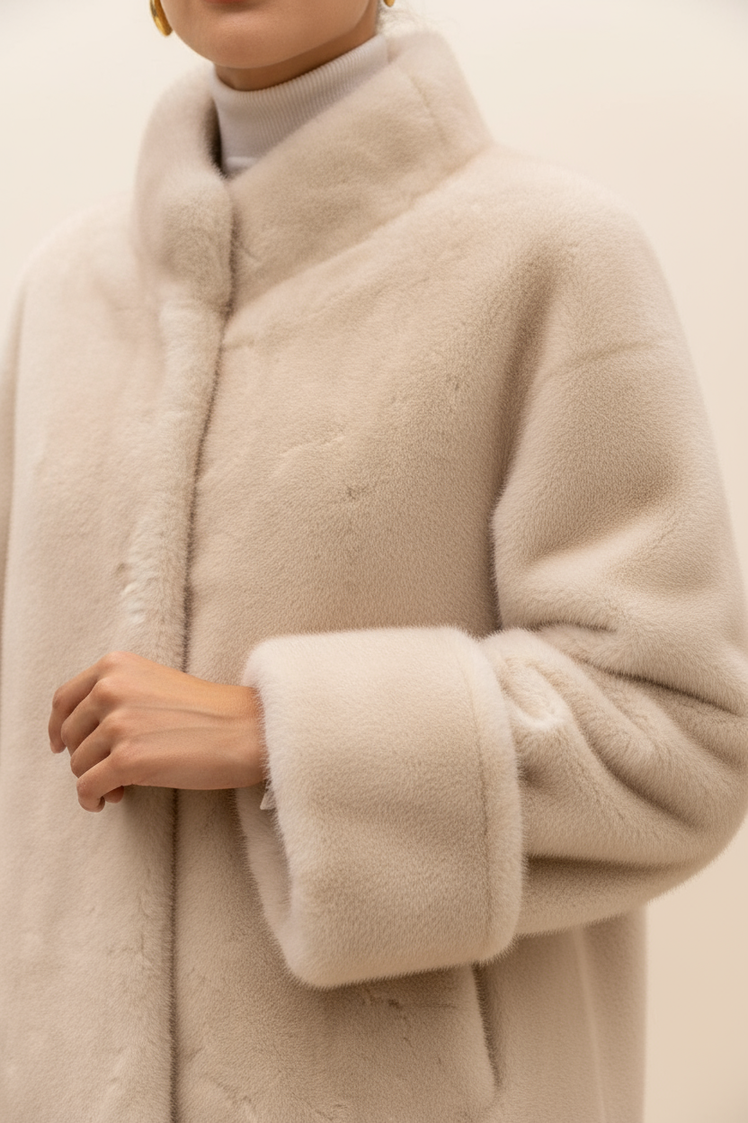 Detail close-up of cream faux fur jacket on light background