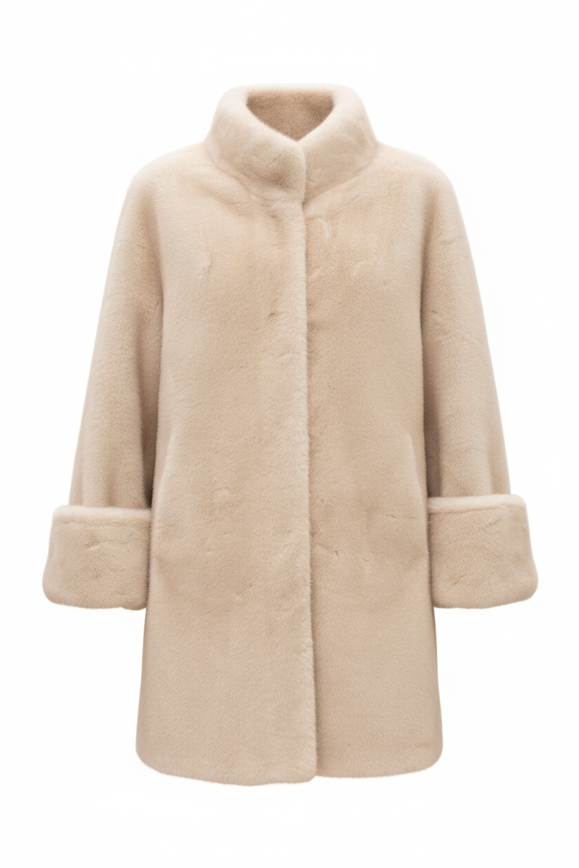 Detail close-up of cream faux fur jacket
