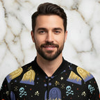 Man wearing a black bomber jacket with tombstone and skull print, marble background, Ivorynn fashion