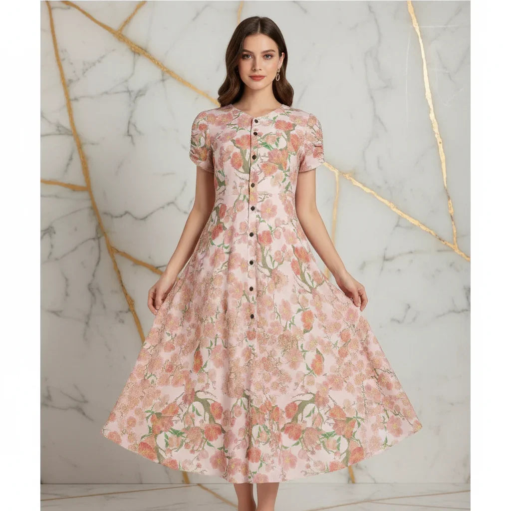 Woman modeling a floral pink button-down dress, stylish apparel from Ivorynn, marble background