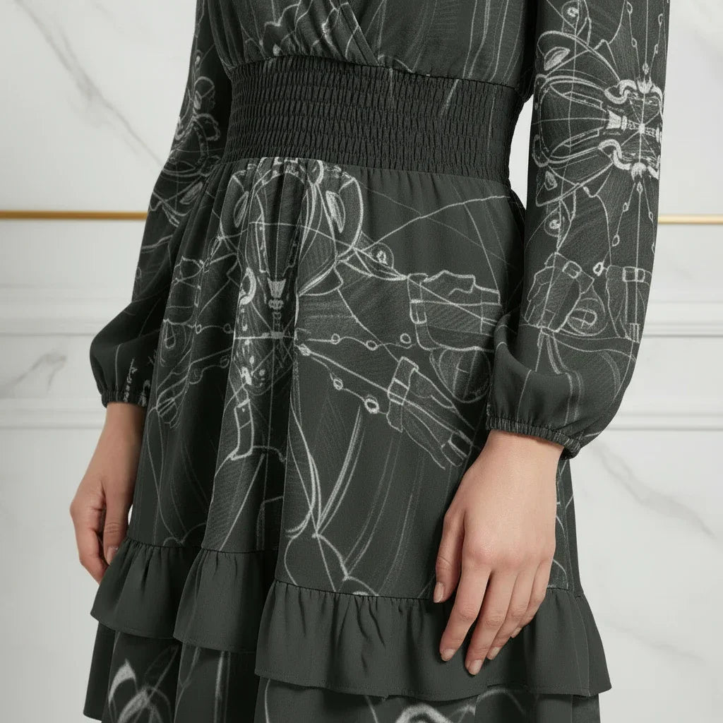 Detail of a women's dress with elastic waist and sleeves, abstract print, Ivorynn fashion