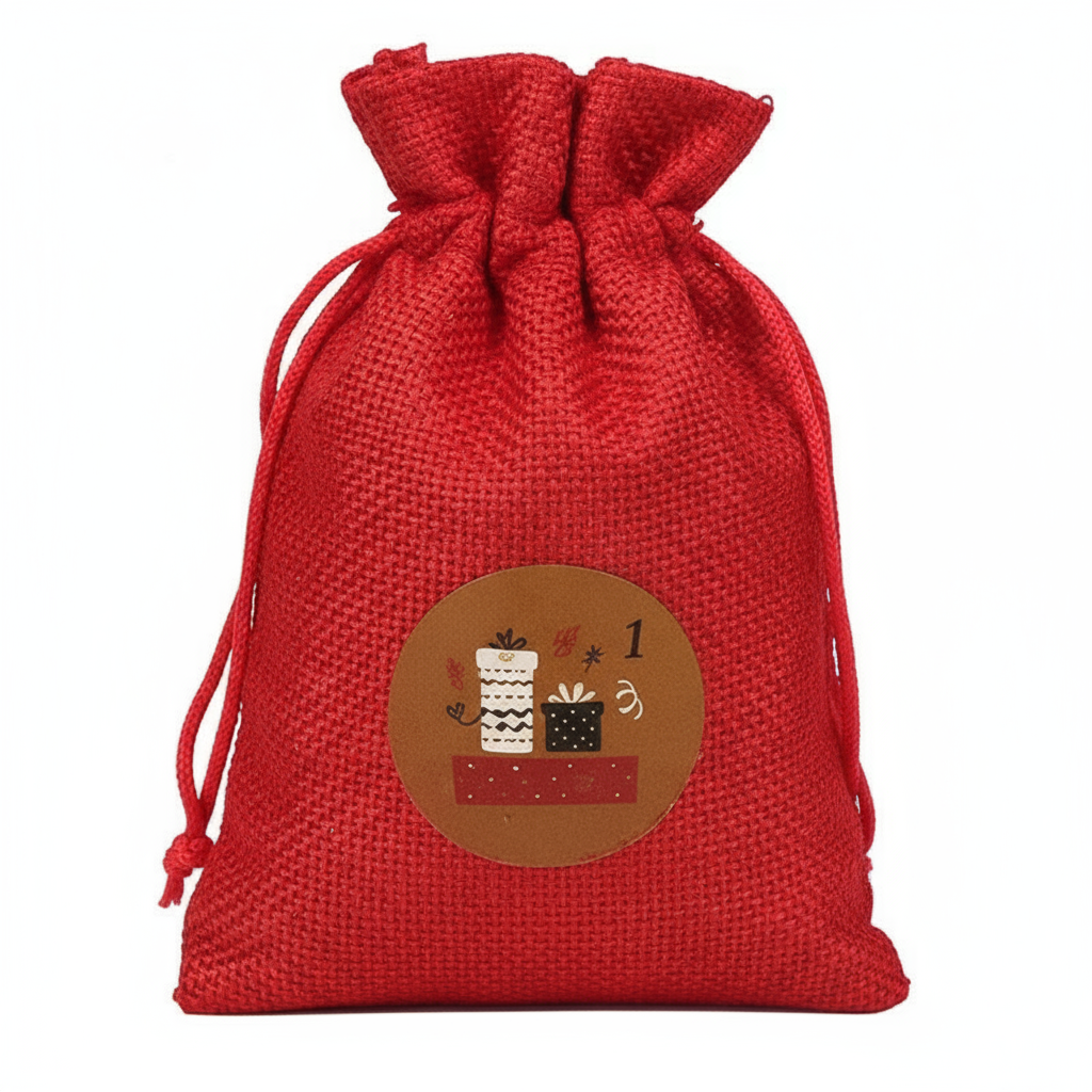 Detail shot of red burlap bag with sticker