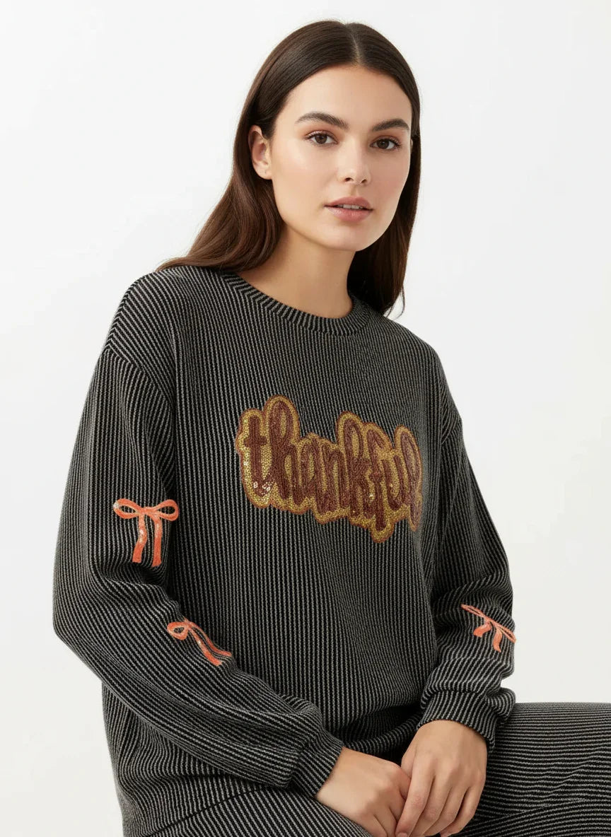 Detail shot of sequins and bows