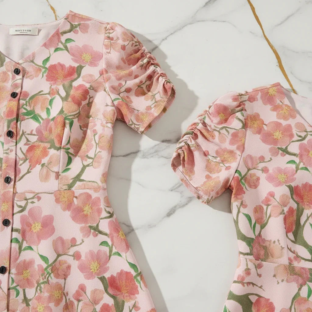 Pink floral short-sleeve dress with buttons on marble surface, stylish women's fashion at Ivorynn