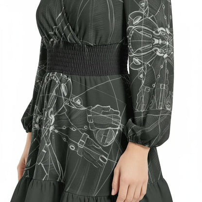 Close-up of black dress with white graphic print, ruched waist, and long sleeves from Ivorynn