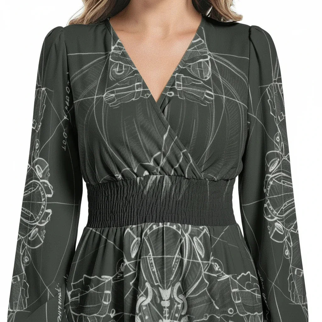 Women's long sleeve V-neck dress with cinched waist and abstract white print, Ivorynn fashion