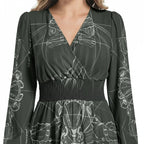 Women's long sleeve V-neck dress with cinched waist and abstract white print, Ivorynn fashion