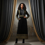 Woman wearing black and gold designer dress stands between dramatic drapes, Ivorynn fashion