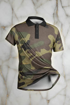 Camouflage polo shirt with black collar displayed against marble background, Ivorynn fashion