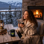 Woman in cozy winter sweater with mug, sitting by fireplace on cabin patio, snowy mountains view