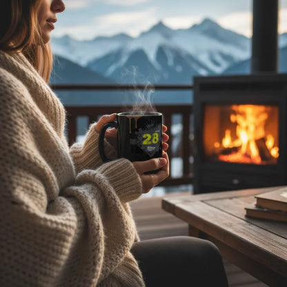 Woman in cozy sweater holding dubstep mug by fireplace with mountain view, Ivorynn lifestyle