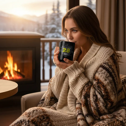 Woman in cozy knit sweater enjoying a hot drink in a dubstep mug by a winter fireplace, Ivorynn
