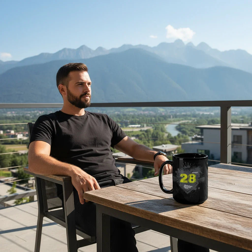 Man relaxing on balcony with black Dubstep 28 mug, scenic mountains in background, Ivorynn lifestyle
