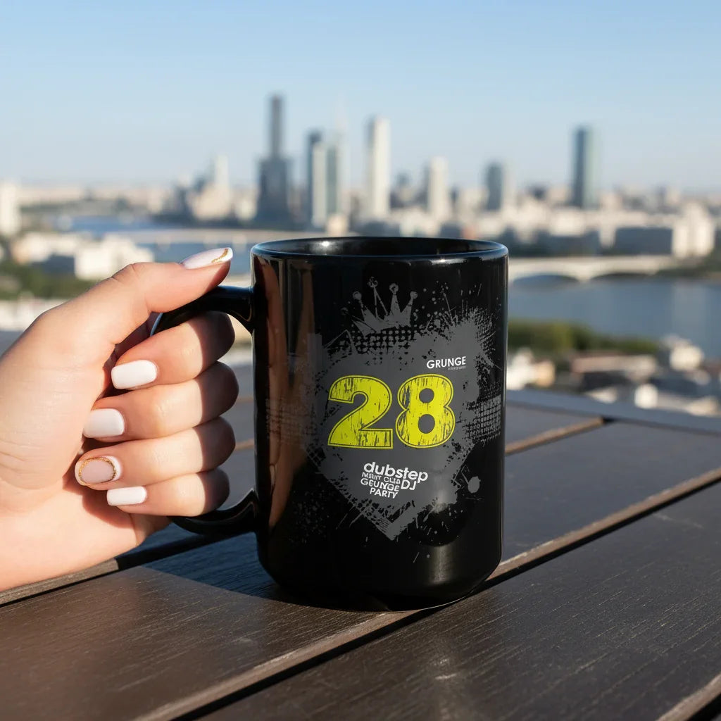 Woman holding black dubstep mug with '28 grunge' design on a city rooftop, Ivorynn lifestyle.