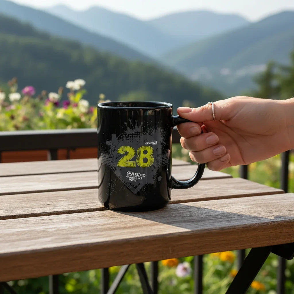 Hand holding black dubstep mug on wooden table outdoors with mountain view, Ivorynn style