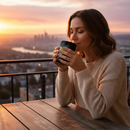 Woman enjoying coffee from a black Dubstep mug on a patio at sunset, modern casual style