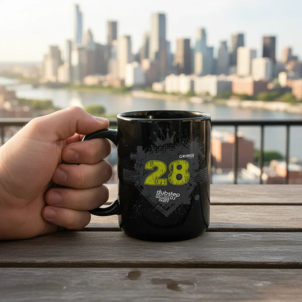 Black dubstep grunge mug with yellow 28 design, held outdoors overlooking city skyline