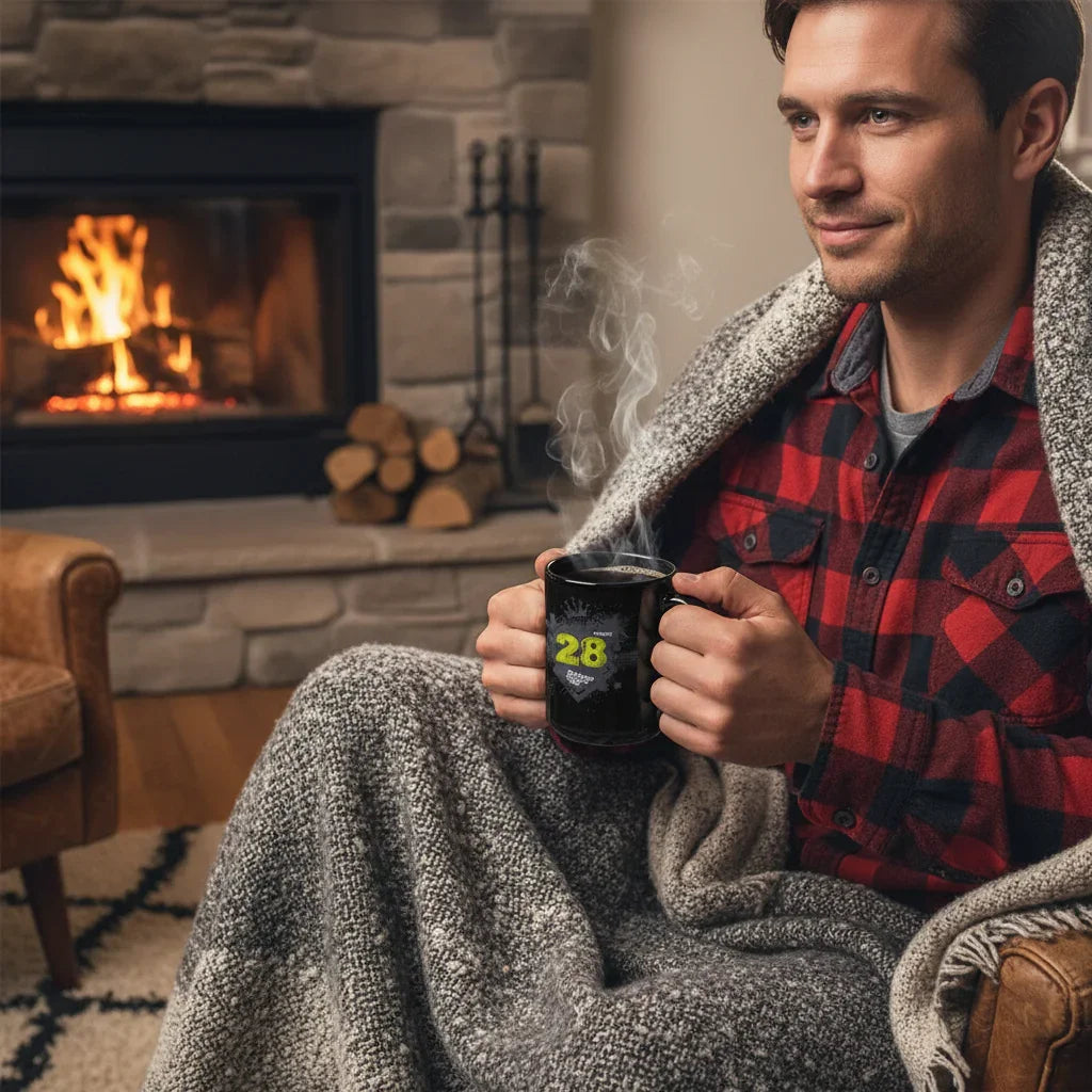 Man in flannel shirt holding a steaming black mug, sitting by a fireplace with a blanket