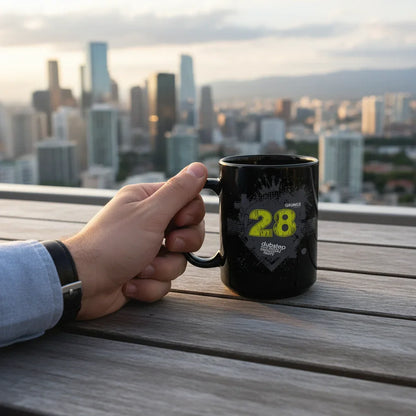 Hand holding black dubstep mug on rooftop patio table with city skyline view, Ivorynn lifestyle