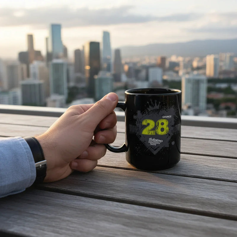 Hand holding black dubstep mug on rooftop patio table with city skyline view, Ivorynn lifestyle