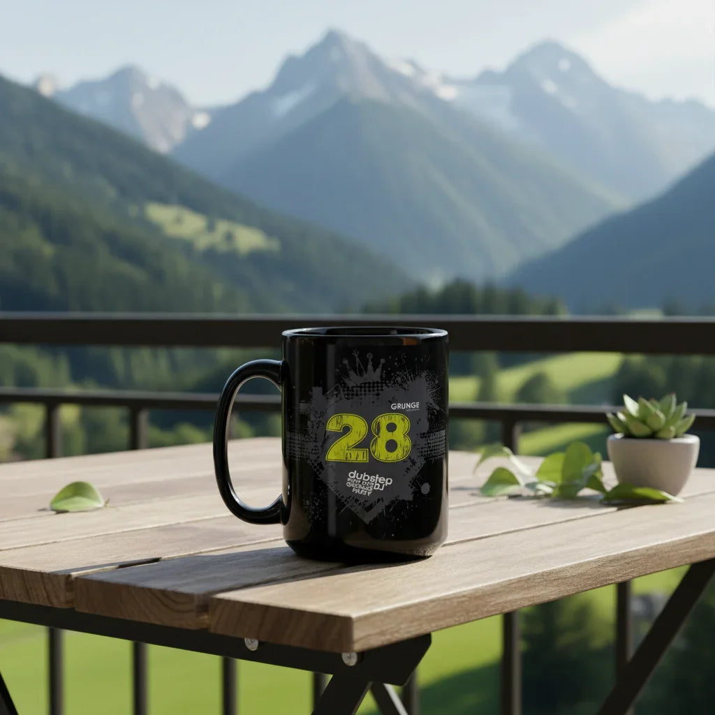 Black dubstep mug on wooden outdoor table with mountain view, modern balcony decor at Ivorynn