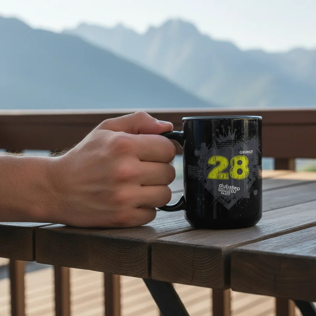 Hand holding a black dubstep-themed mug on a wooden table with mountain view, Ivorynn lifestyle