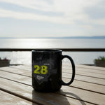 Black dubstep-themed mug on wooden table with ocean view, modern lifestyle accessory from Ivorynn