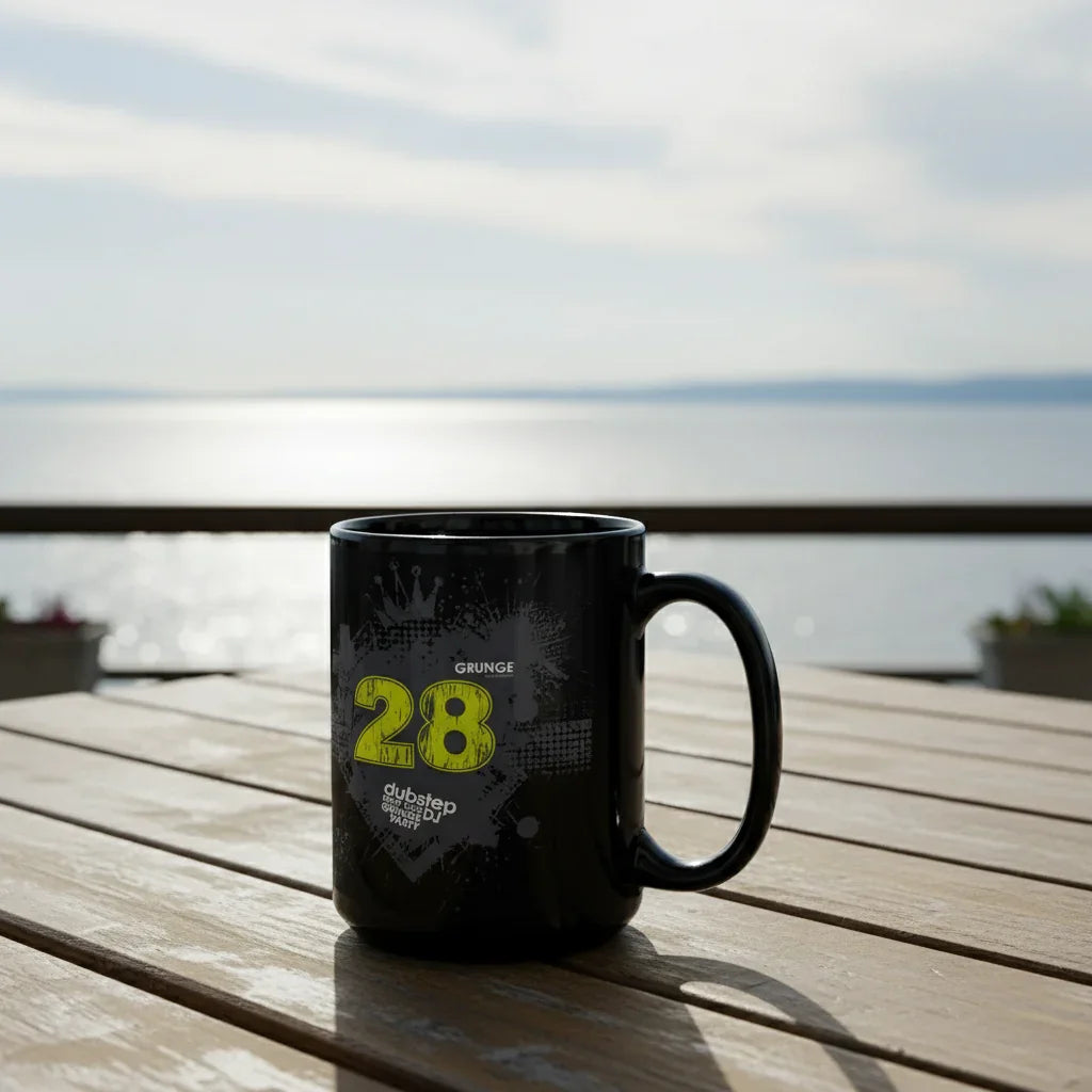 Black dubstep-themed mug on wooden table with ocean view, modern lifestyle accessory from Ivorynn